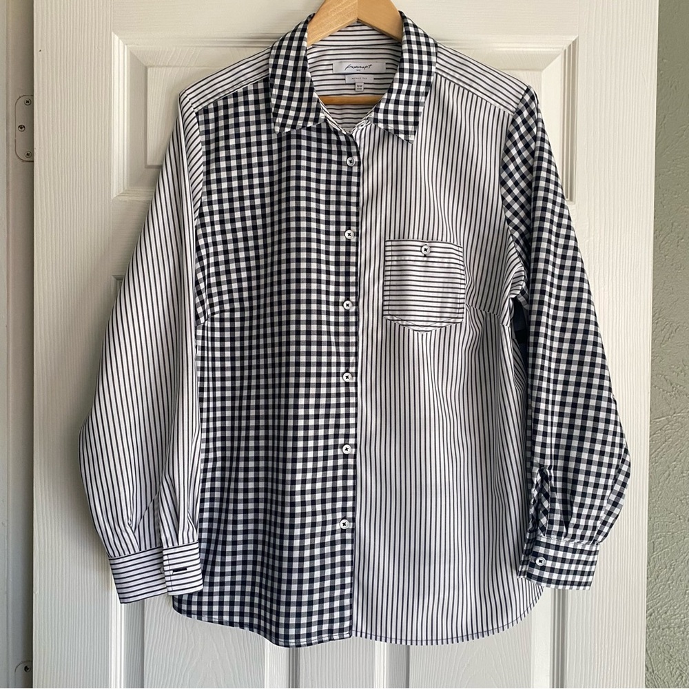 Foxcroft Cotton Black and White Mixed Patterned Button Down Long Sleeve Shirt